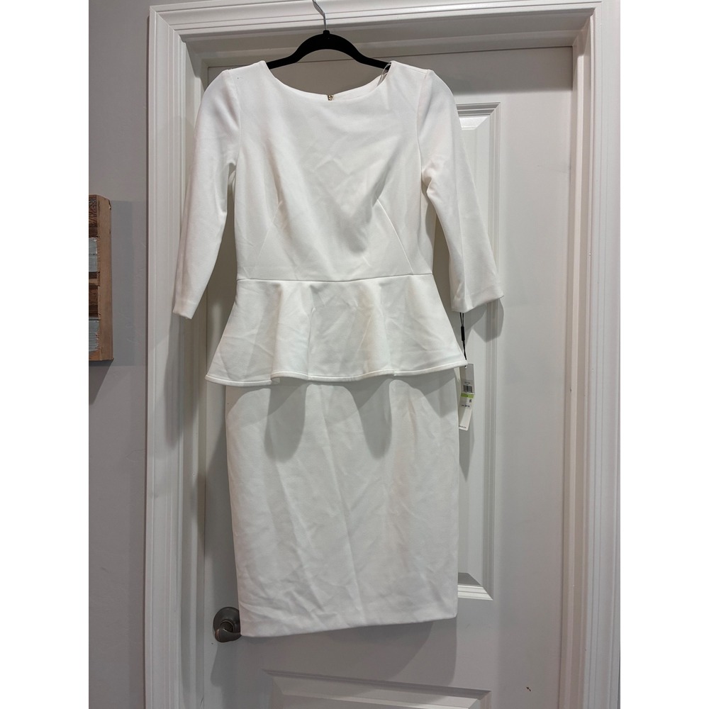 Calvin Klein Cream Peplum Sheath Dress 3/4 Sleeve Gold Zip CD1C1K83 Size 4